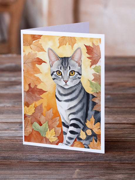 American Shorthair Cat in Fall Leaves Greeting Cards Pack of 8