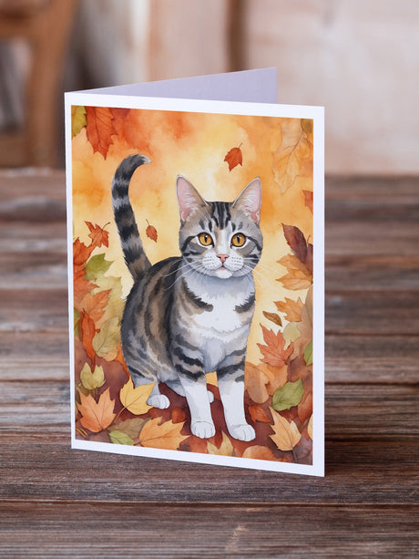 American Wirehair Cat in Fall Leaves Greeting Cards Pack of 8