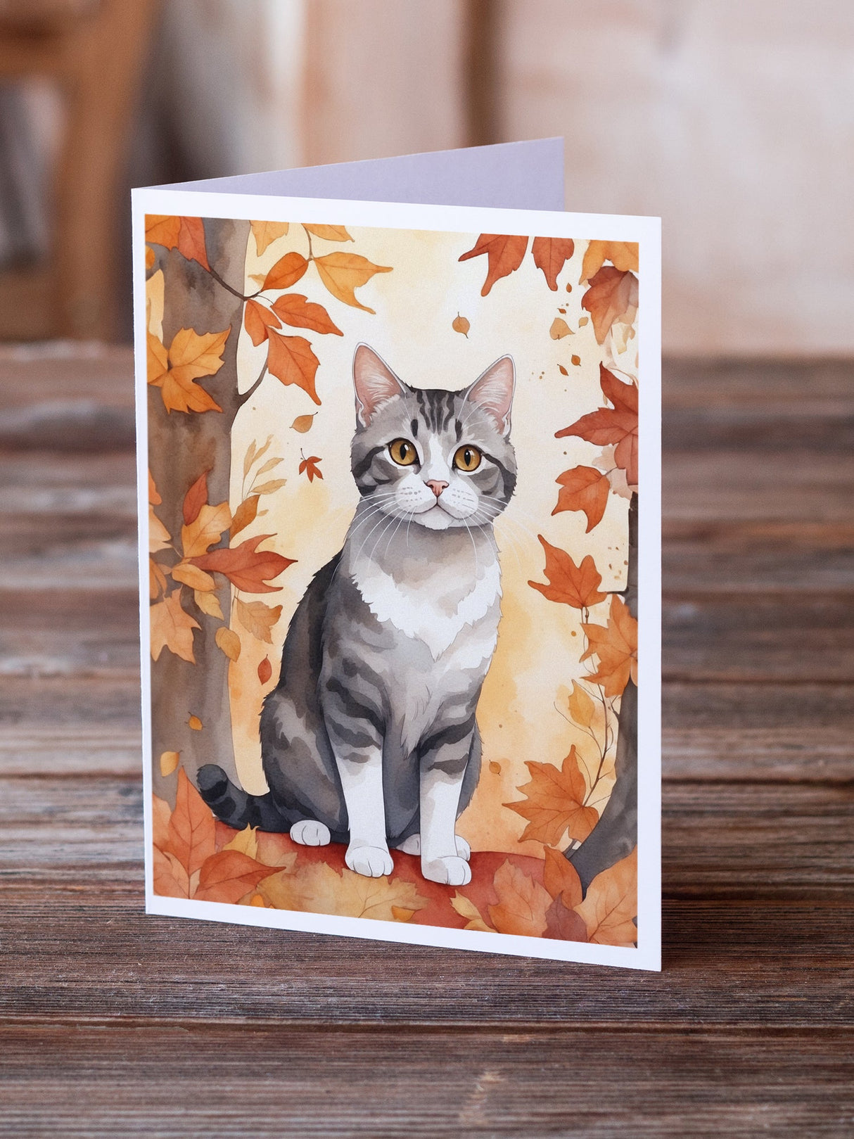 American Wirehair Cat in Fall Leaves Greeting Cards Pack of 8