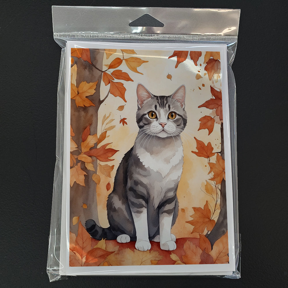 American Wirehair Cat in Fall Leaves Greeting Cards Pack of 8