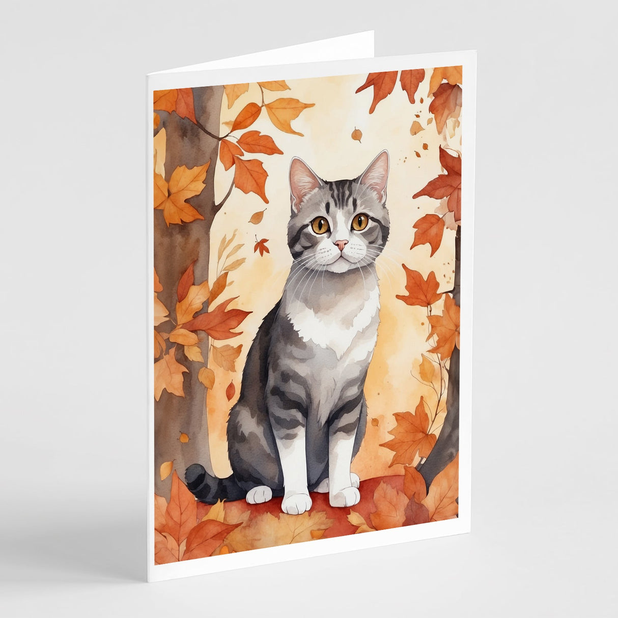 American Wirehair Cat in Fall Leaves Greeting Cards Pack of 8