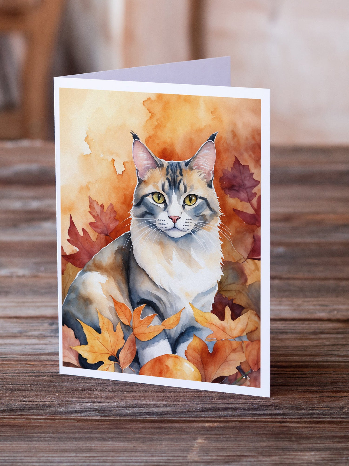 Aphrodite Giant Cat in Fall Leaves Greeting Cards Pack of 8