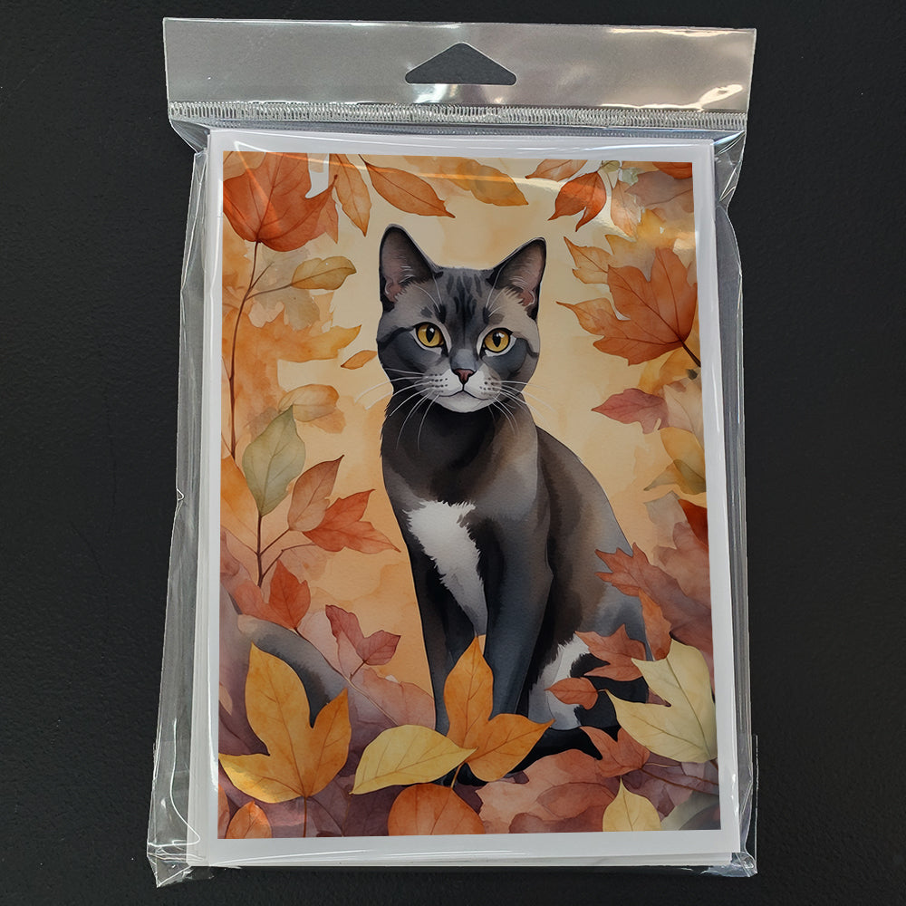 Asian Cat in Fall Leaves Greeting Cards Pack of 8