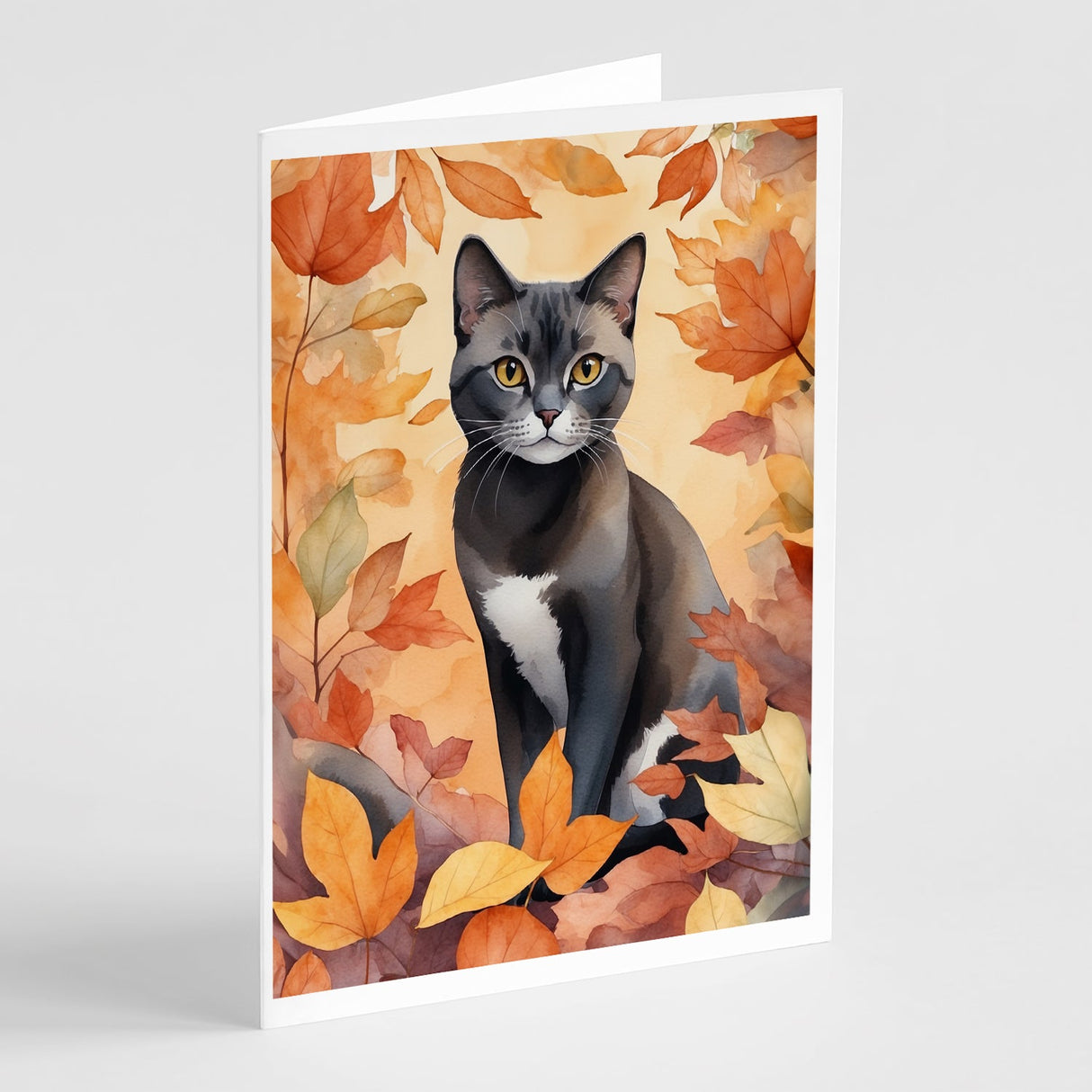 Asian Cat in Fall Leaves Greeting Cards Pack of 8