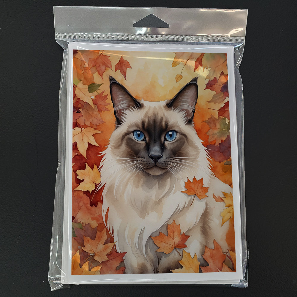 Balinese Cat in Fall Leaves Greeting Cards Pack of 8