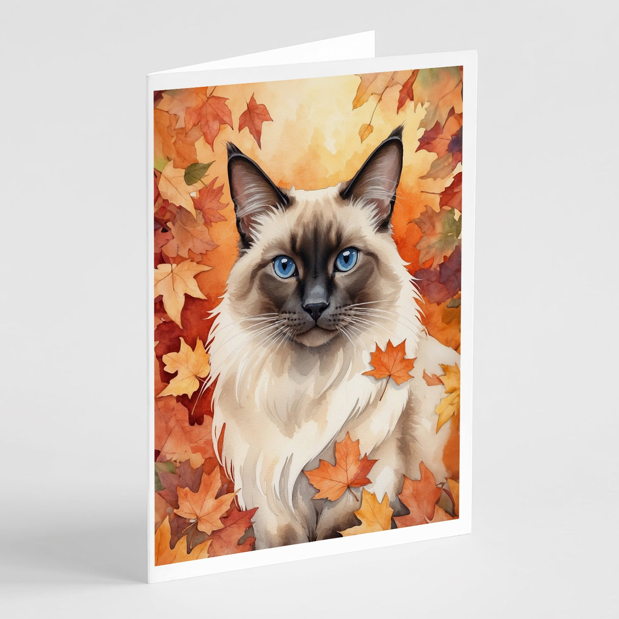 Balinese Cat in Fall Leaves Greeting Cards Pack of 8