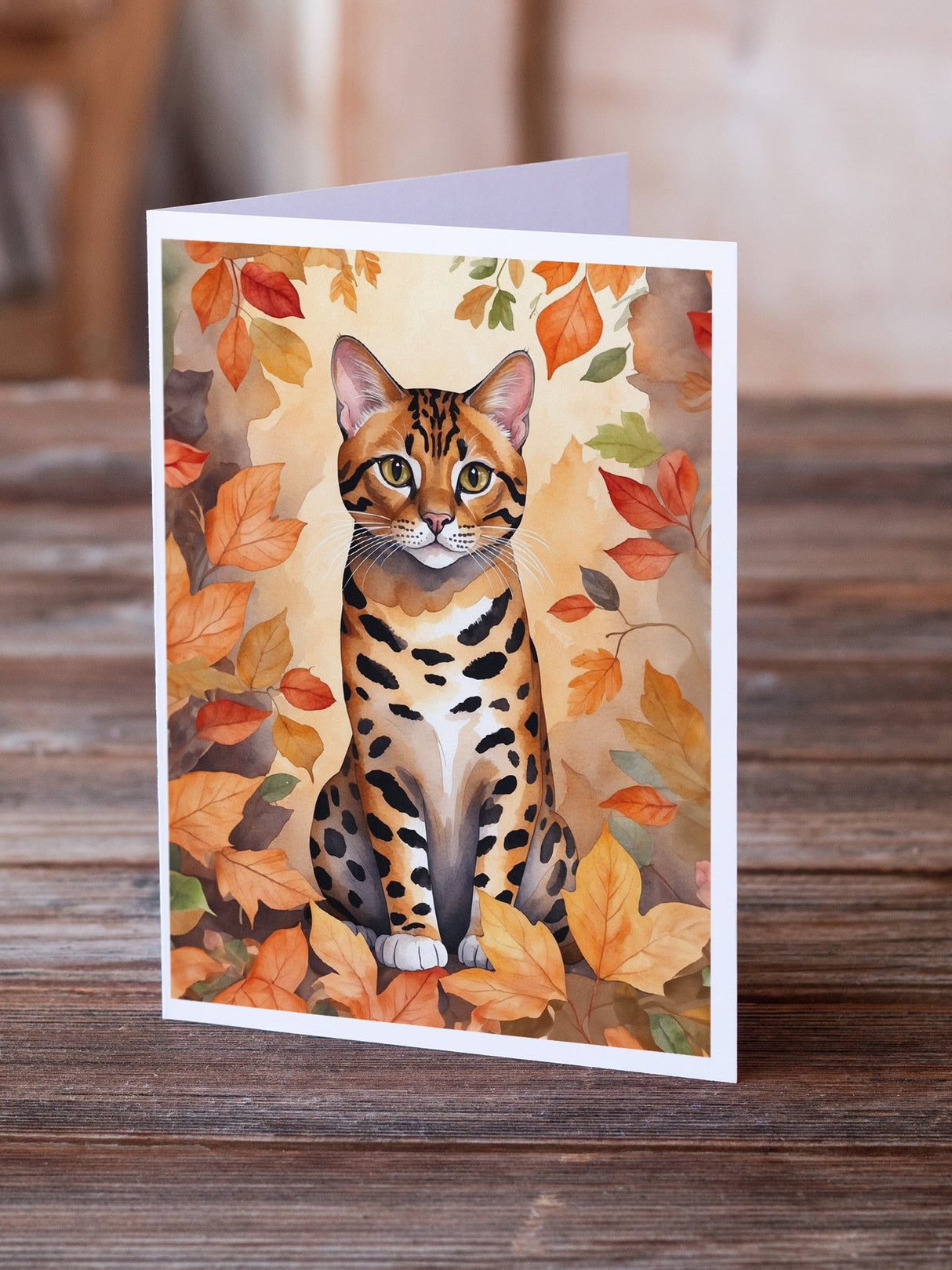 Bengal Cat in Fall Leaves Greeting Cards Pack of 8