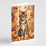 Bengal Cat in Fall Leaves Greeting Cards Pack of 8