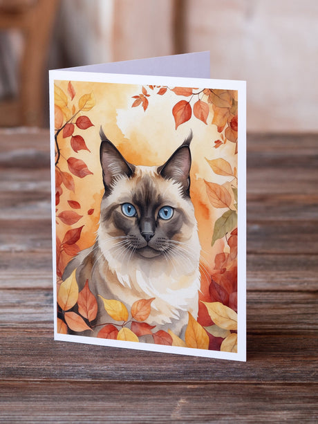 Birman Cat in Fall Leaves Greeting Cards Pack of 8