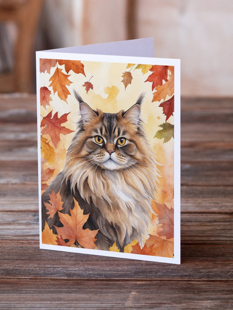 British Longhair Cat in Fall Leaves Greeting Cards Pack of 8