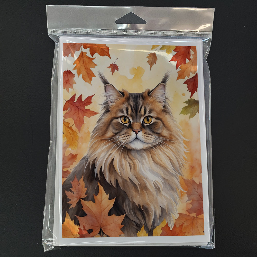 British Longhair Cat in Fall Leaves Greeting Cards Pack of 8