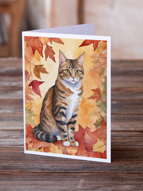 California Spangled Cat in Fall Leaves Greeting Cards Pack of 8