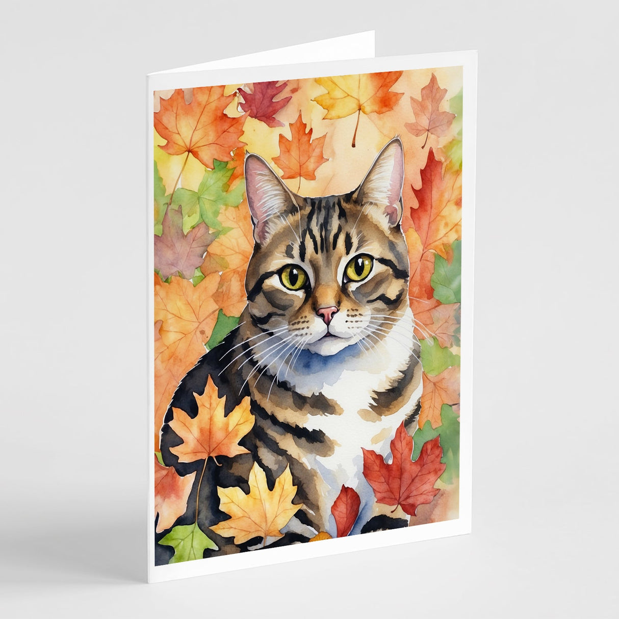 California Spangled Cat in Fall Leaves Greeting Cards Pack of 8