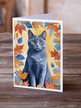 Chartreux Cat in Fall Leaves Greeting Cards Pack of 8