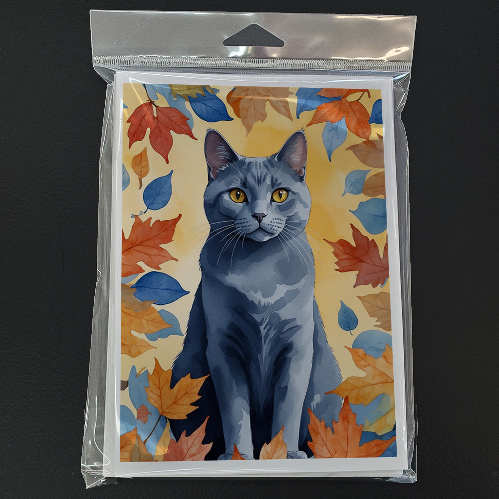 Chartreux Cat in Fall Leaves Greeting Cards Pack of 8