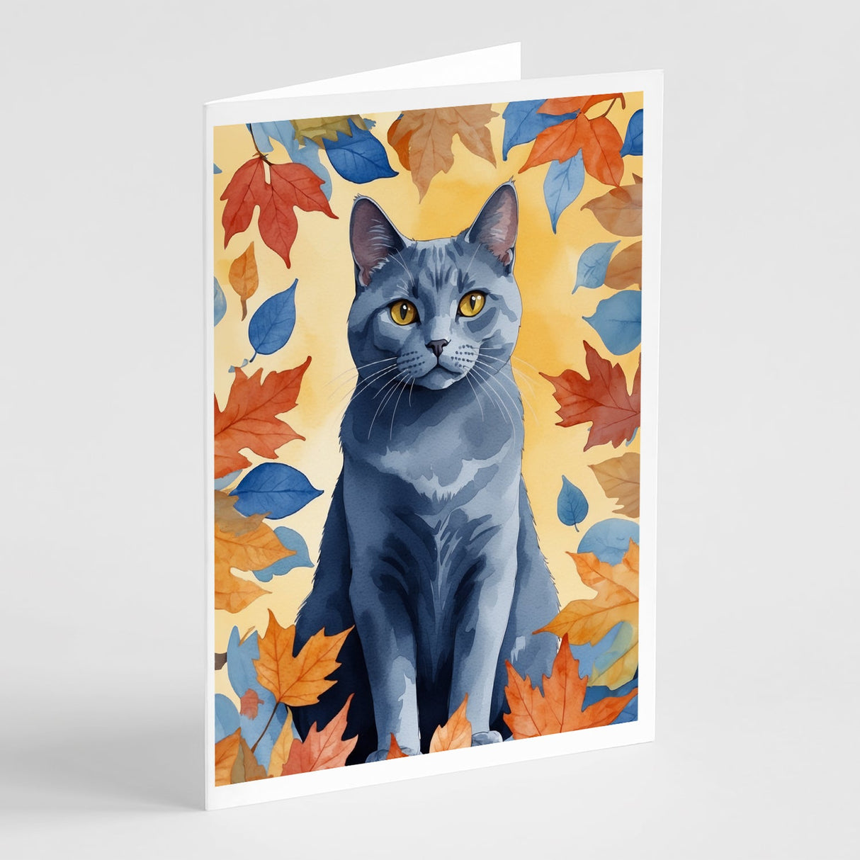 Chartreux Cat in Fall Leaves Greeting Cards Pack of 8