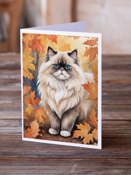 Colorpoint Longhair Cat in Fall Leaves Greeting Cards Pack of 8