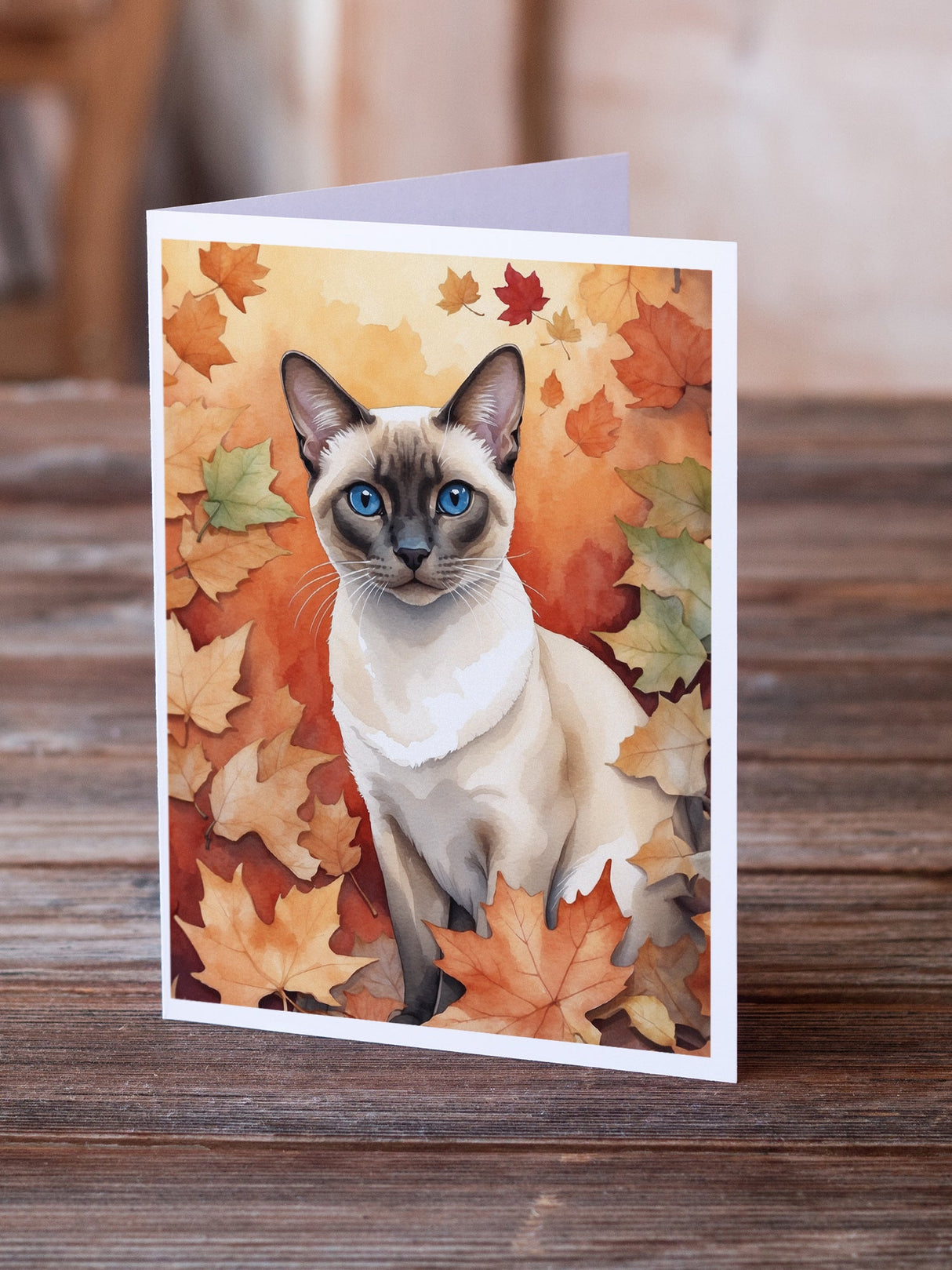 Colorpoint Shorthair Cat in Fall Leaves Greeting Cards Pack of 8