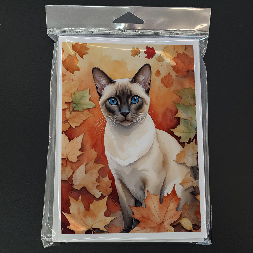 Colorpoint Shorthair Cat in Fall Leaves Greeting Cards Pack of 8