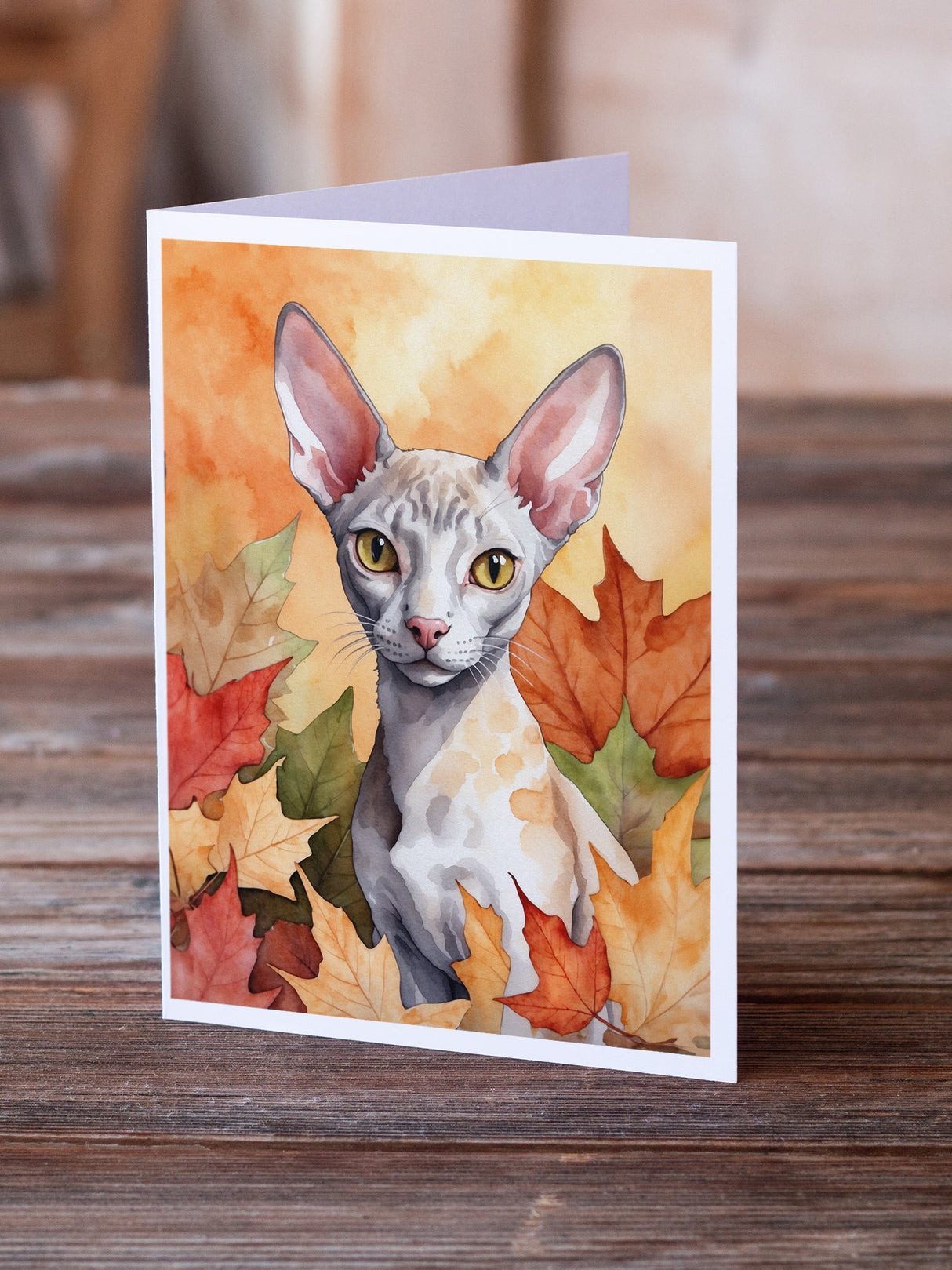 Cornish Rex Cat in Fall Leaves Greeting Cards Pack of 8