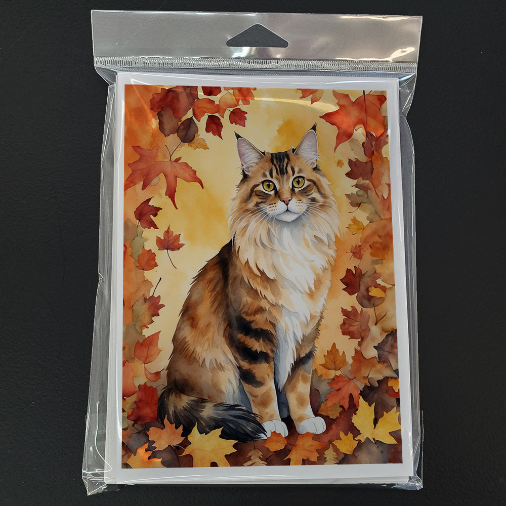 Cymric Cat in Fall Leaves Greeting Cards Pack of 8