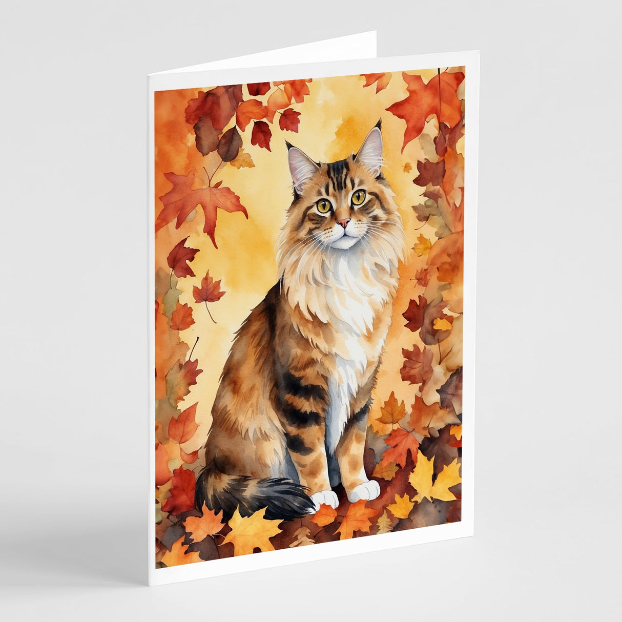 Cymric Cat in Fall Leaves Greeting Cards Pack of 8