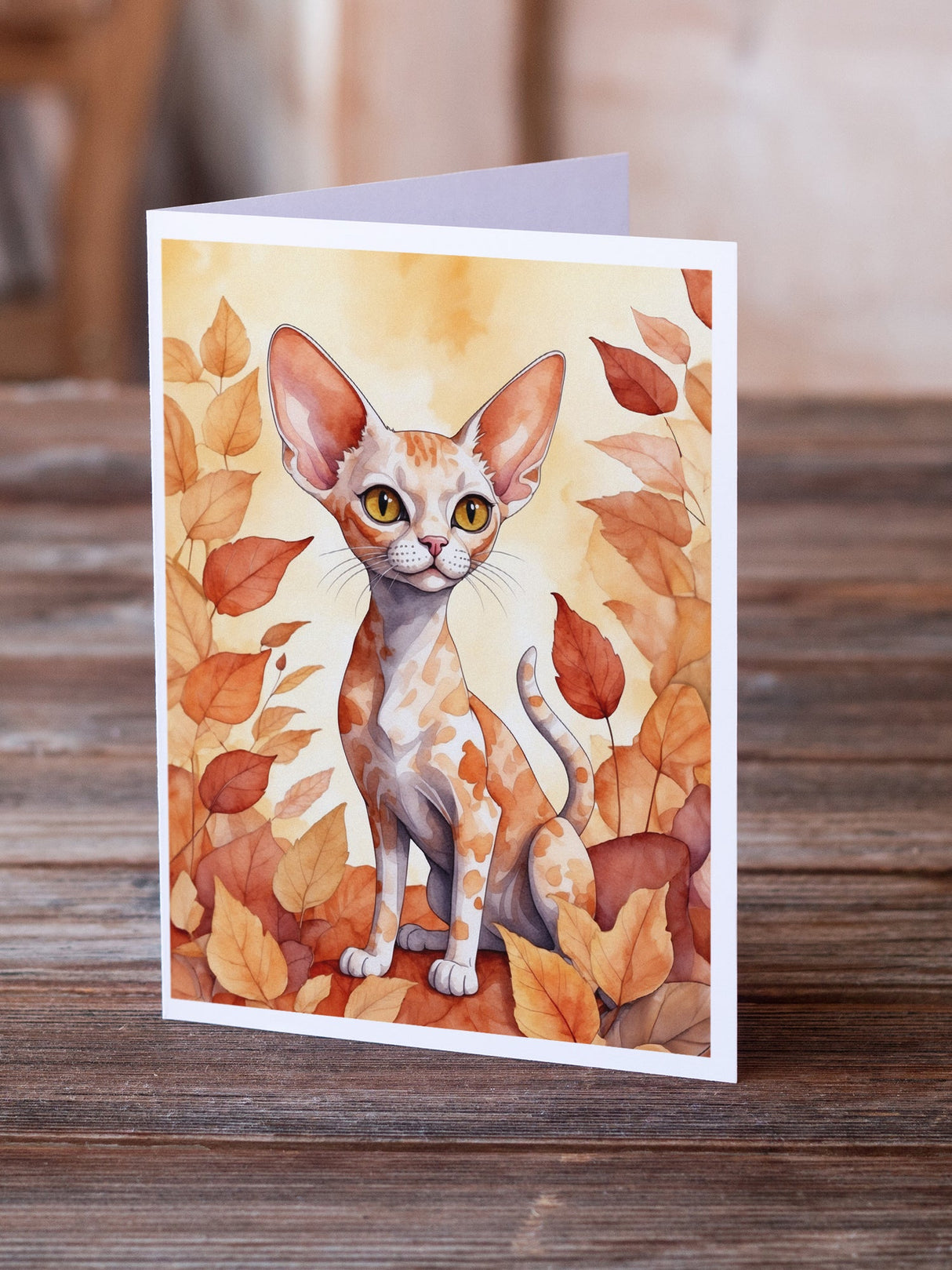 Devon Rex Cat in Fall Leaves Greeting Cards Pack of 8