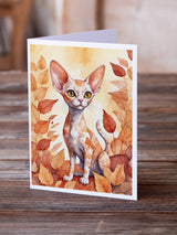 Devon Rex Cat in Fall Leaves Greeting Cards Pack of 8