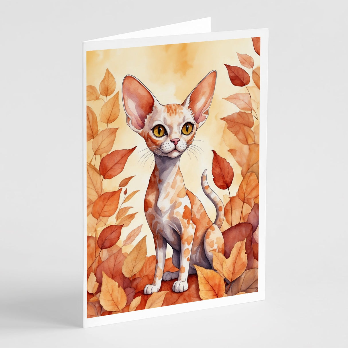 Devon Rex Cat in Fall Leaves Greeting Cards Pack of 8