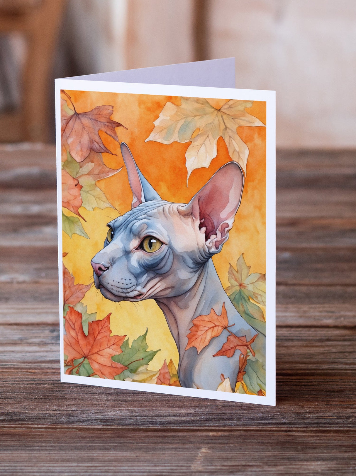 Donskoy Don Sphynx Cat in Fall Leaves Greeting Cards Pack of 8