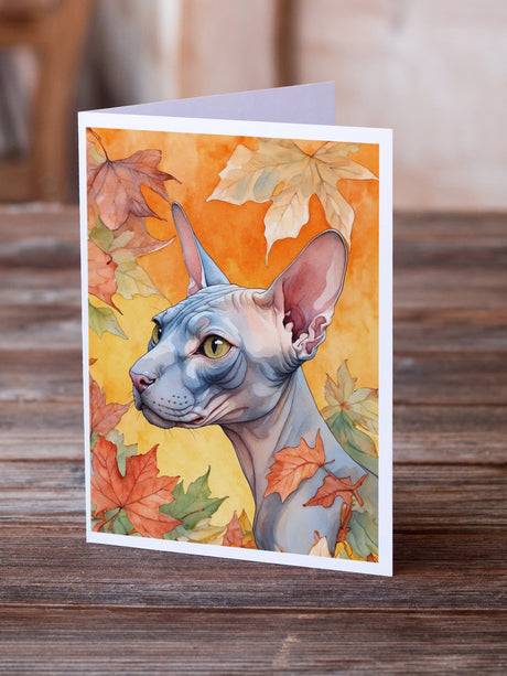 Donskoy Don Sphynx Cat in Fall Leaves Greeting Cards Pack of 8