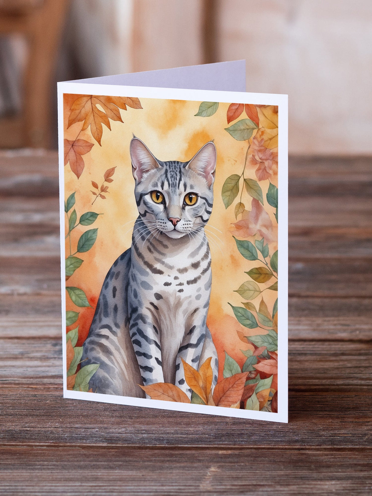 Egyptian Mau Cat in Fall Leaves Greeting Cards Pack of 8