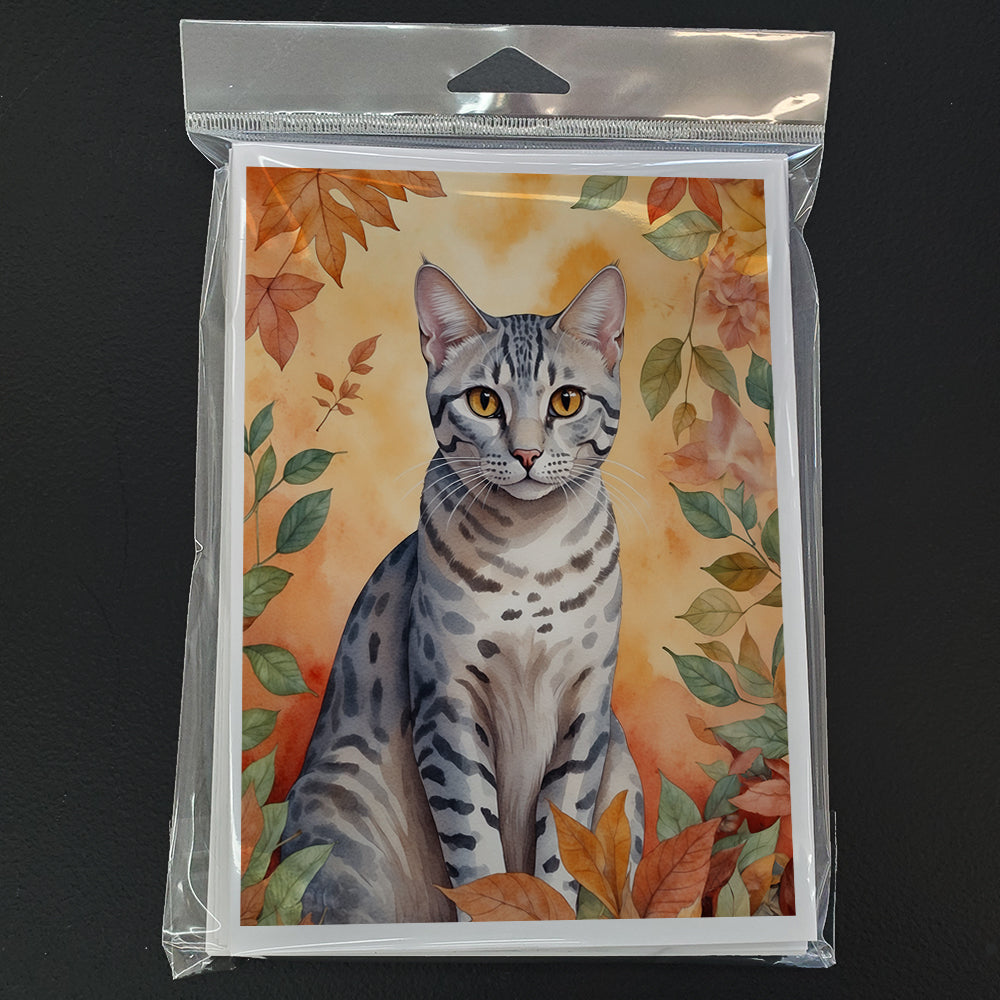 Egyptian Mau Cat in Fall Leaves Greeting Cards Pack of 8