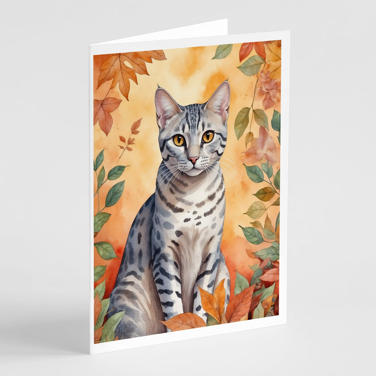 Egyptian Mau Cat in Fall Leaves Greeting Cards Pack of 8