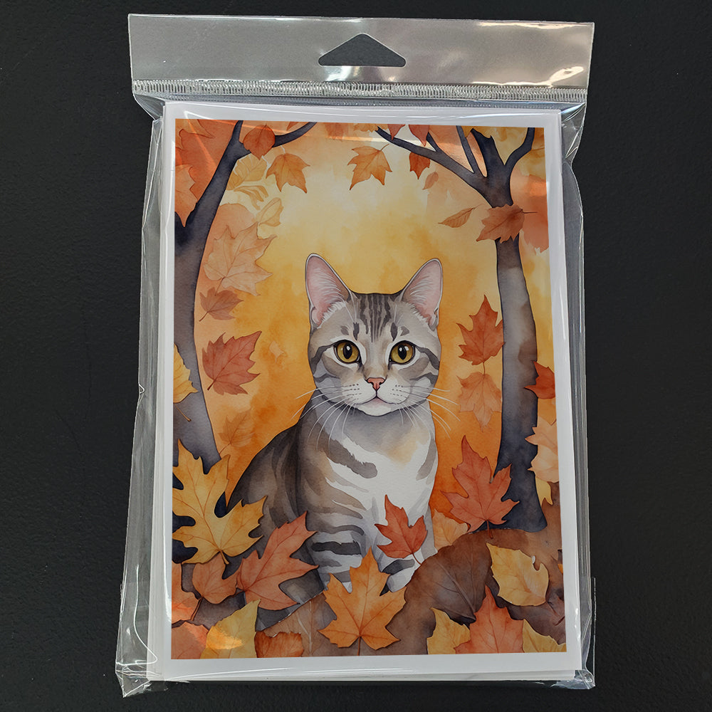 European Shorthair Cat in Fall Leaves Greeting Cards Pack of 8