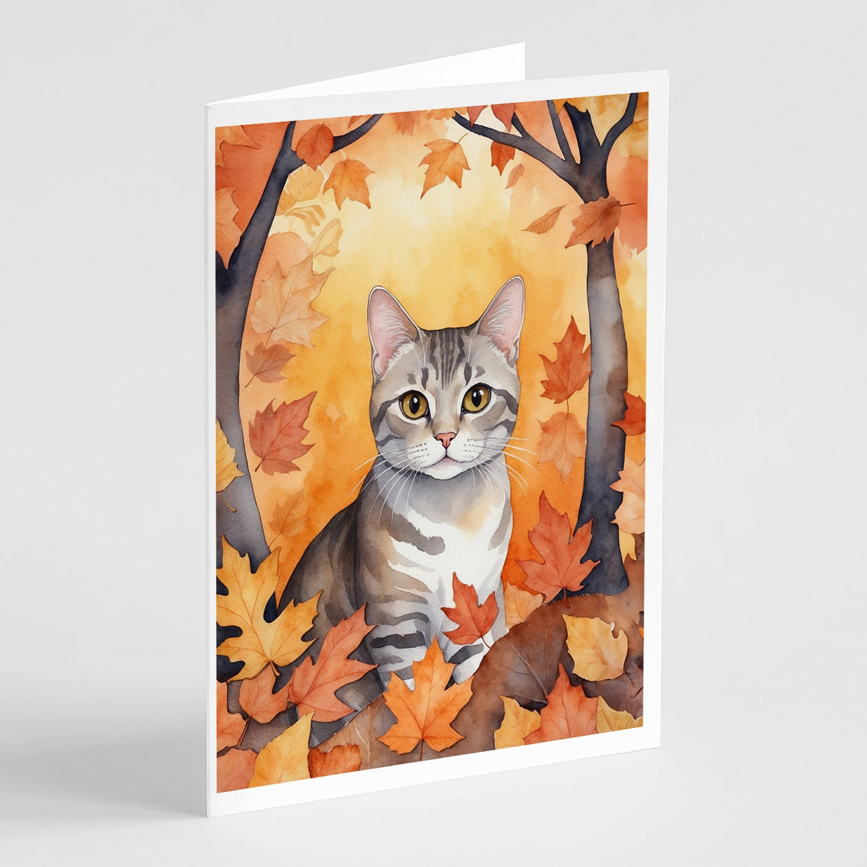 European Shorthair Cat in Fall Leaves Greeting Cards Pack of 8