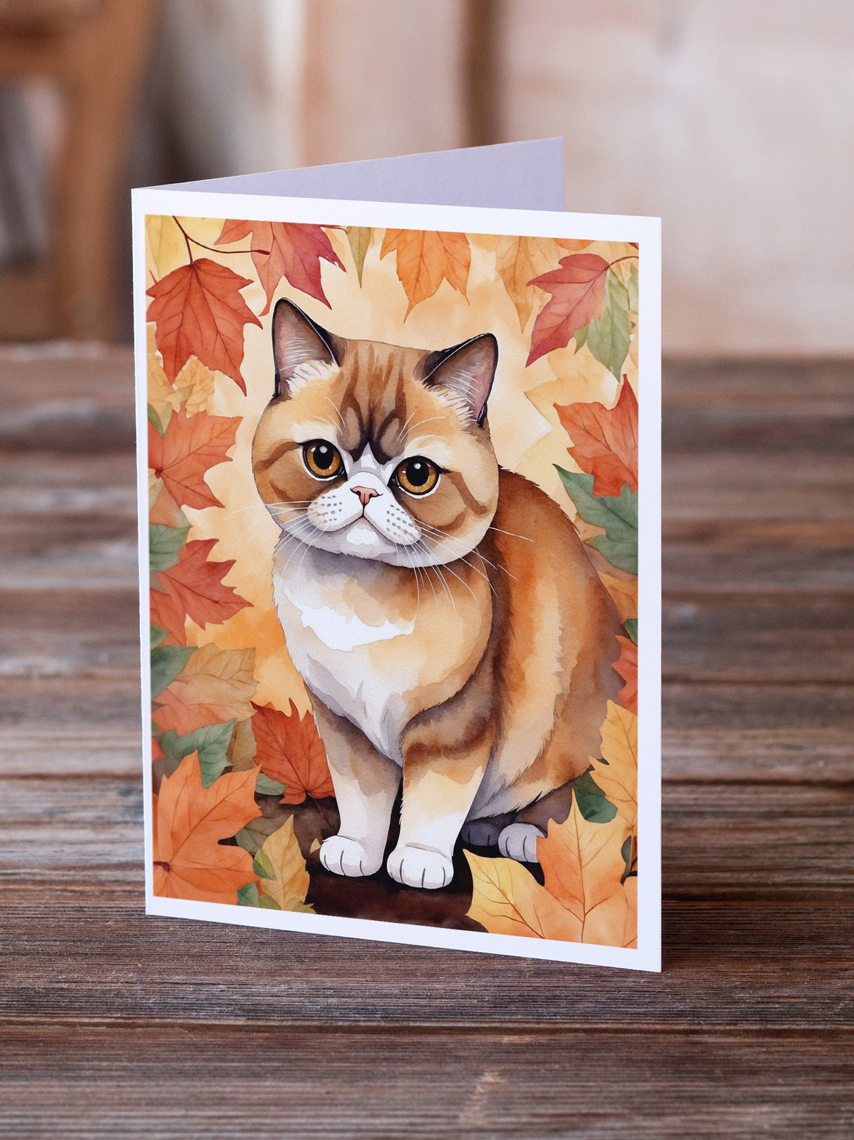 Exotic Shorthair Cat in Fall Leaves Greeting Cards Pack of 8