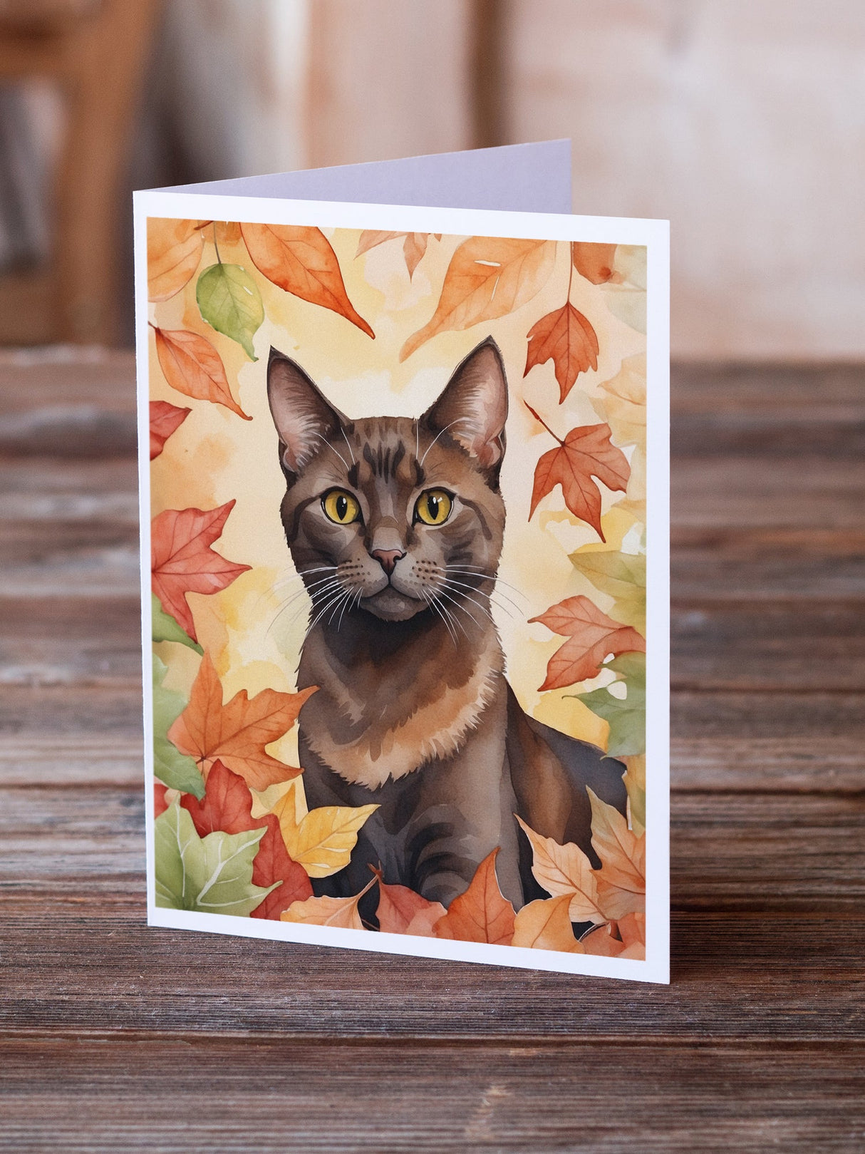 Havana Brown Cat in Fall Leaves Greeting Cards Pack of 8