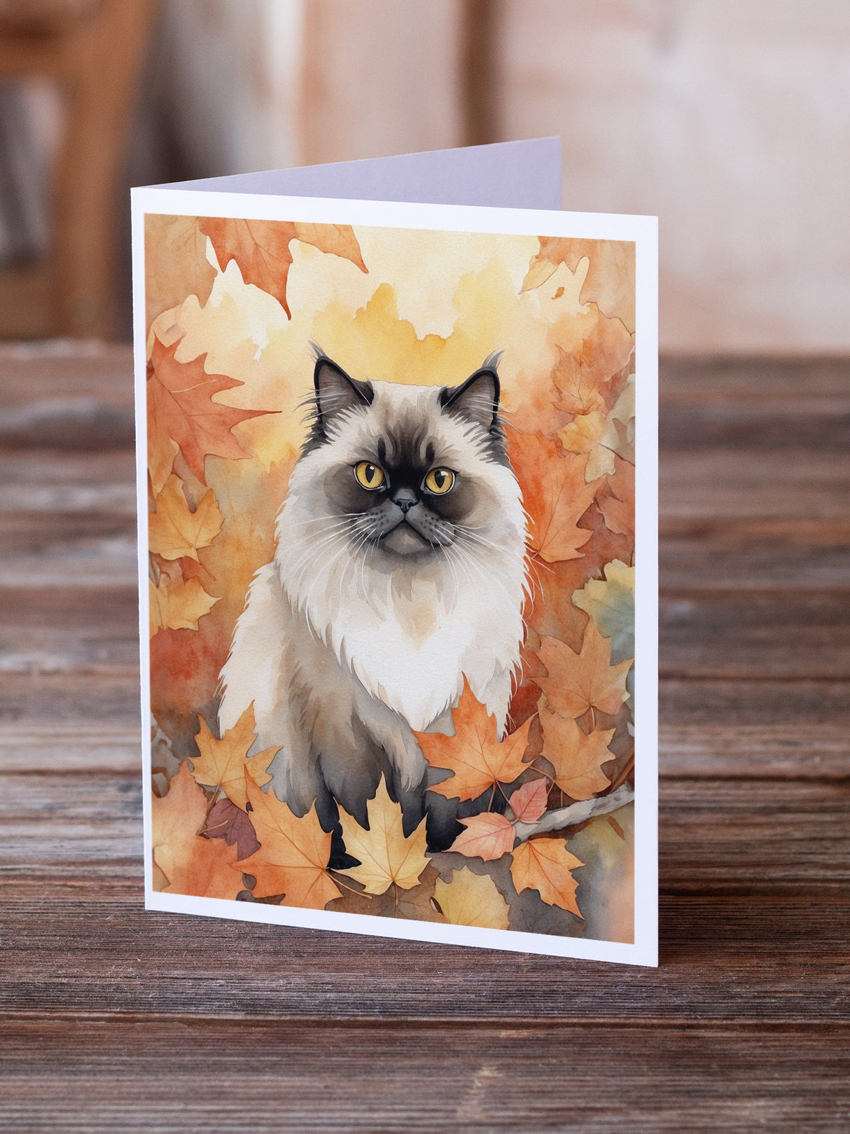 Himalayan Cat in Fall Leaves Greeting Cards Pack of 8