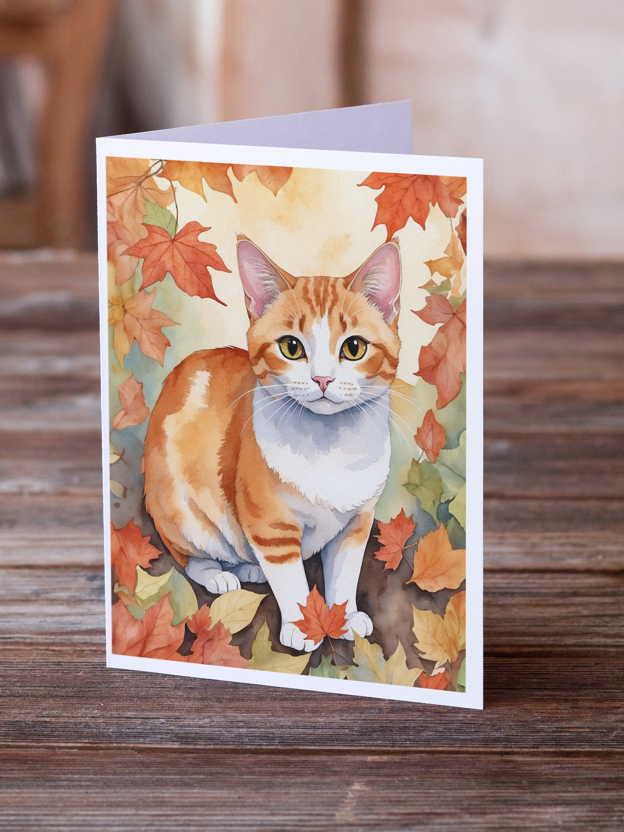 Japanese Bobtail Cat in Fall Leaves Greeting Cards Pack of 8