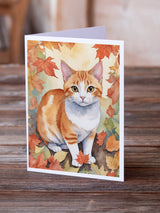 Japanese Bobtail Cat in Fall Leaves Greeting Cards Pack of 8