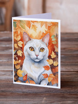 Khao Manee Cat in Fall Leaves Greeting Cards Pack of 8