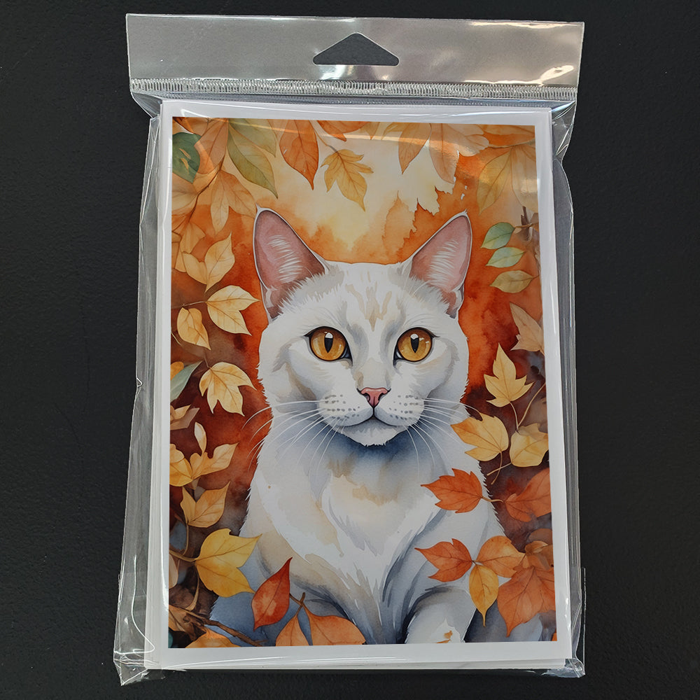 Khao Manee Cat in Fall Leaves Greeting Cards Pack of 8