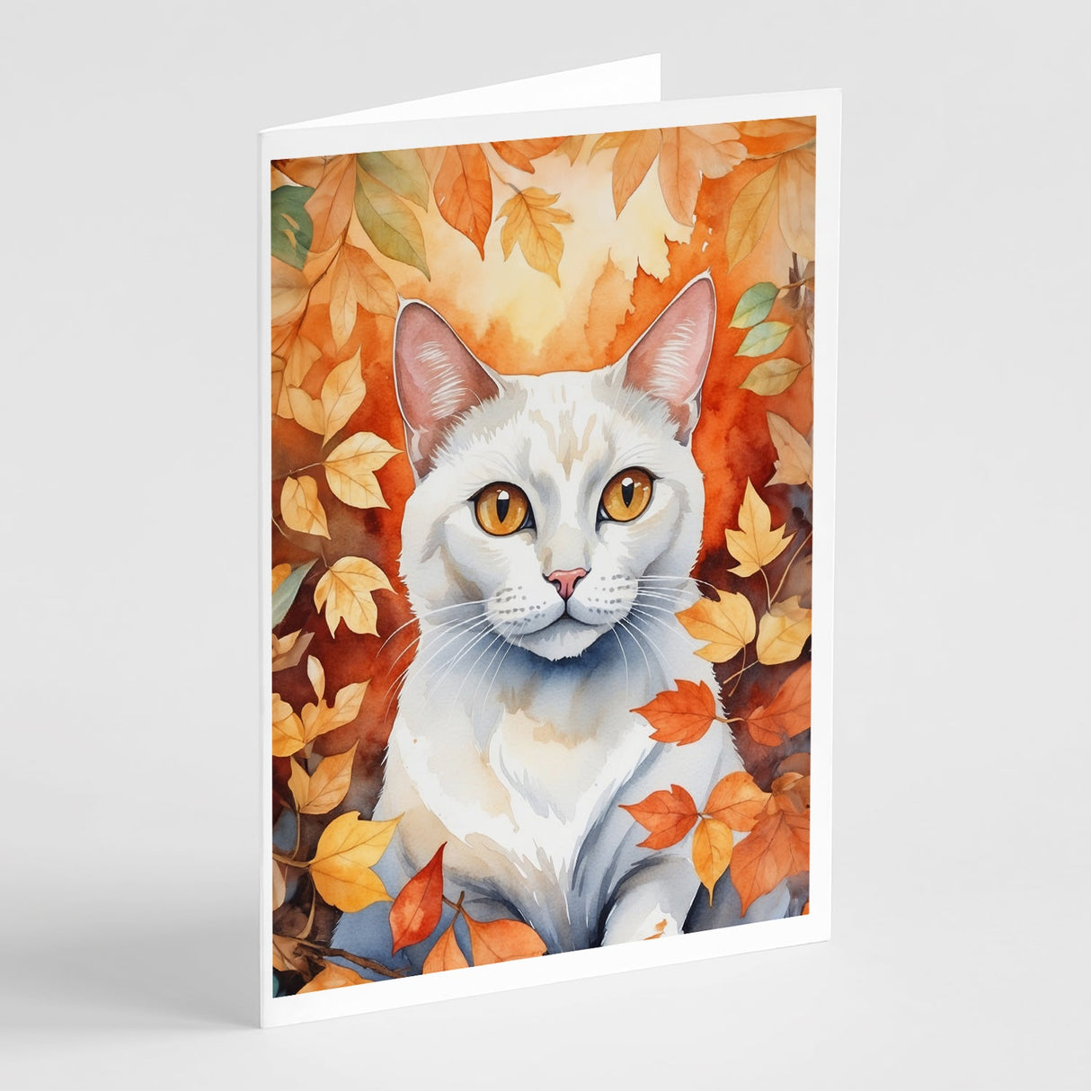 Khao Manee Cat in Fall Leaves Greeting Cards Pack of 8