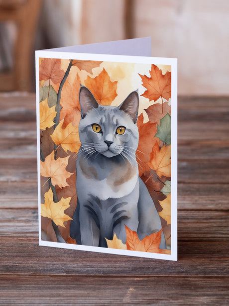 Korat Cat in Fall Leaves Greeting Cards Pack of 8