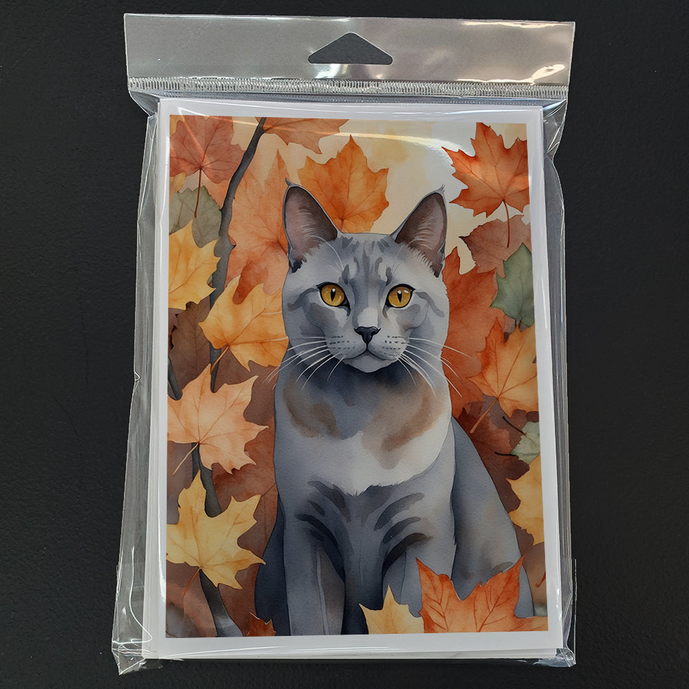 Korat Cat in Fall Leaves Greeting Cards Pack of 8