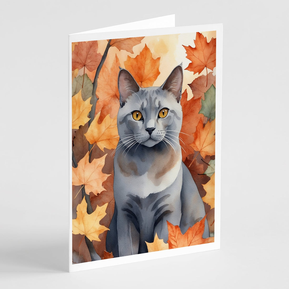 Korat Cat in Fall Leaves Greeting Cards Pack of 8