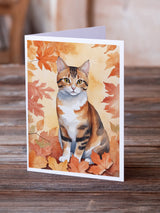 Korean Bobtail Cat in Fall Leaves Greeting Cards Pack of 8