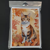 Korean Bobtail Cat in Fall Leaves Greeting Cards Pack of 8