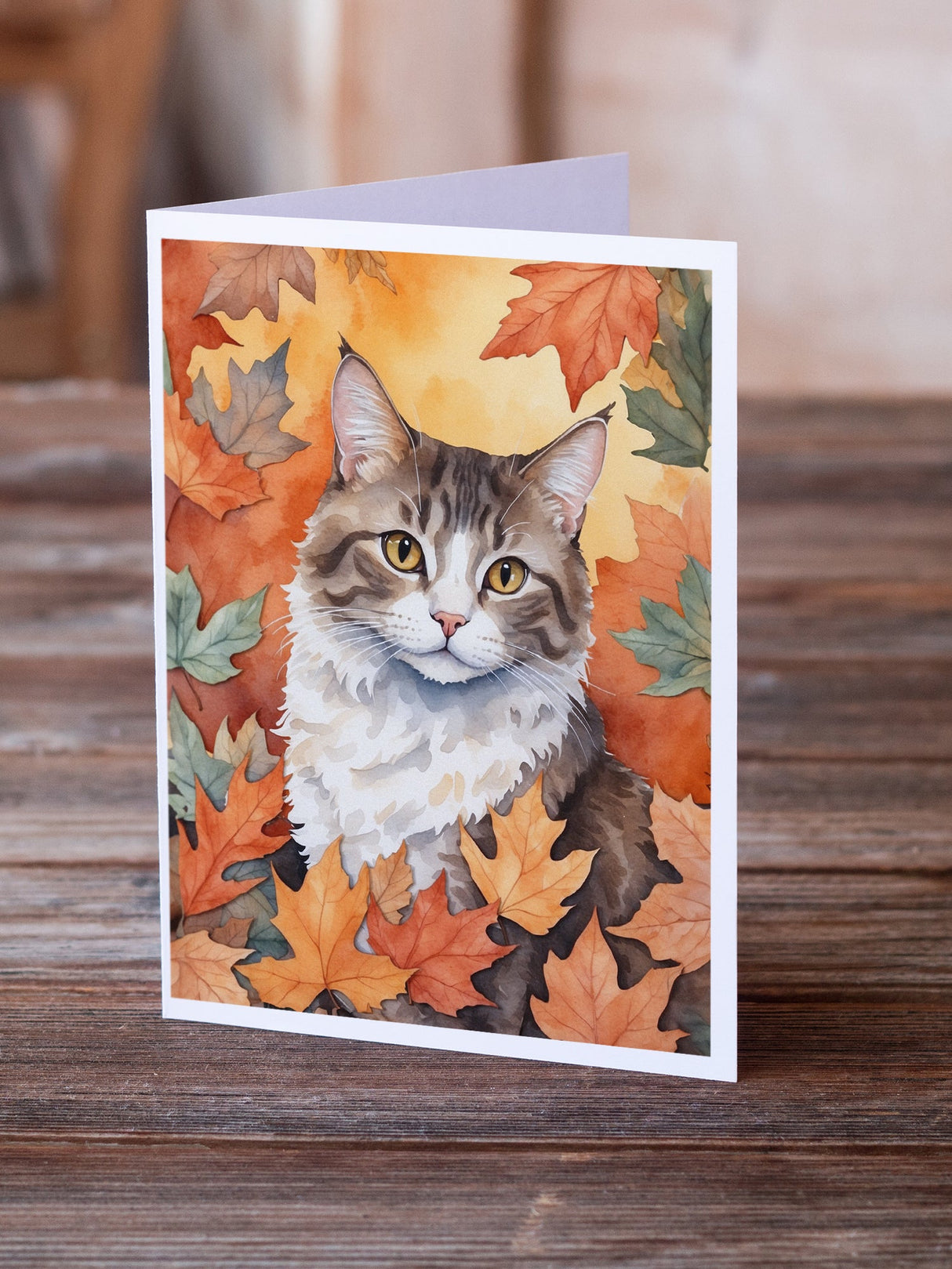 La Perm Cat in Fall Leaves Greeting Cards Pack of 8